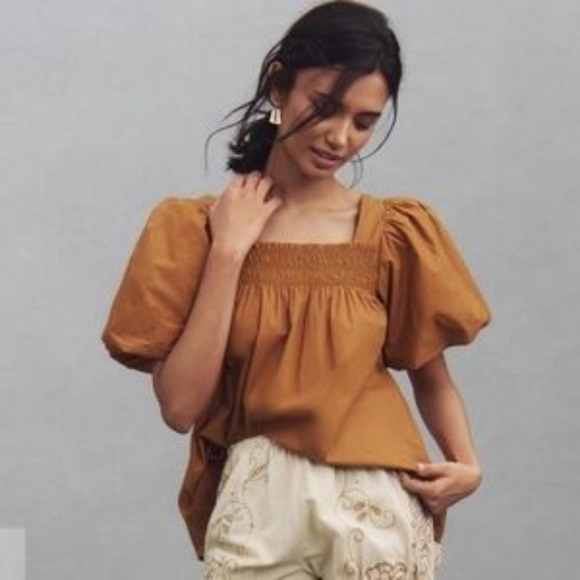 Maeve By Antropologie Women's Brown Puff Sleeve Top - Picture 4 of 15